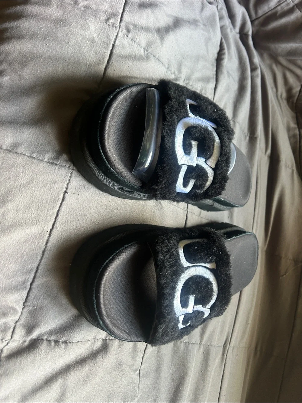 UGG Black Fuzzy Slide Sandals with White Logo